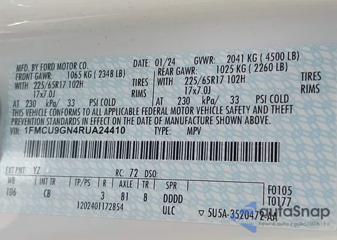 2024 Ford Escape Active z USA, uszkodzony, nr VIN 1FMCU9GN4RUA24410